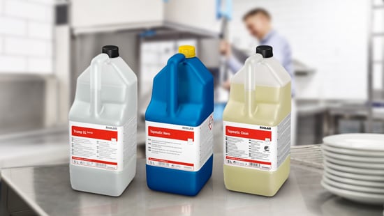 Three 5 litre Ecolab machine liquid detergents, from left to right; Trump XL Special, Topmatic Hero and Topmatic Clean