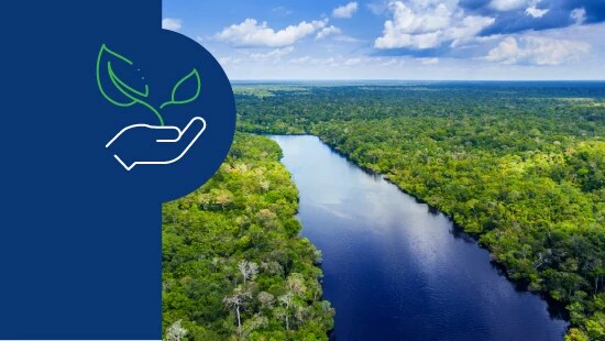 Split image with a sustainability icon on a dark blue background on the left, and an aerial view of a green forest beside a calm river on the right.